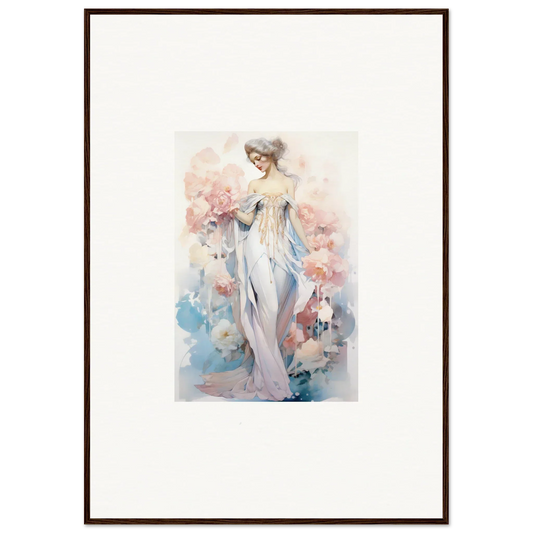 Watercolor canvas print of a woman in a white dress for whimsical petal play room decoration