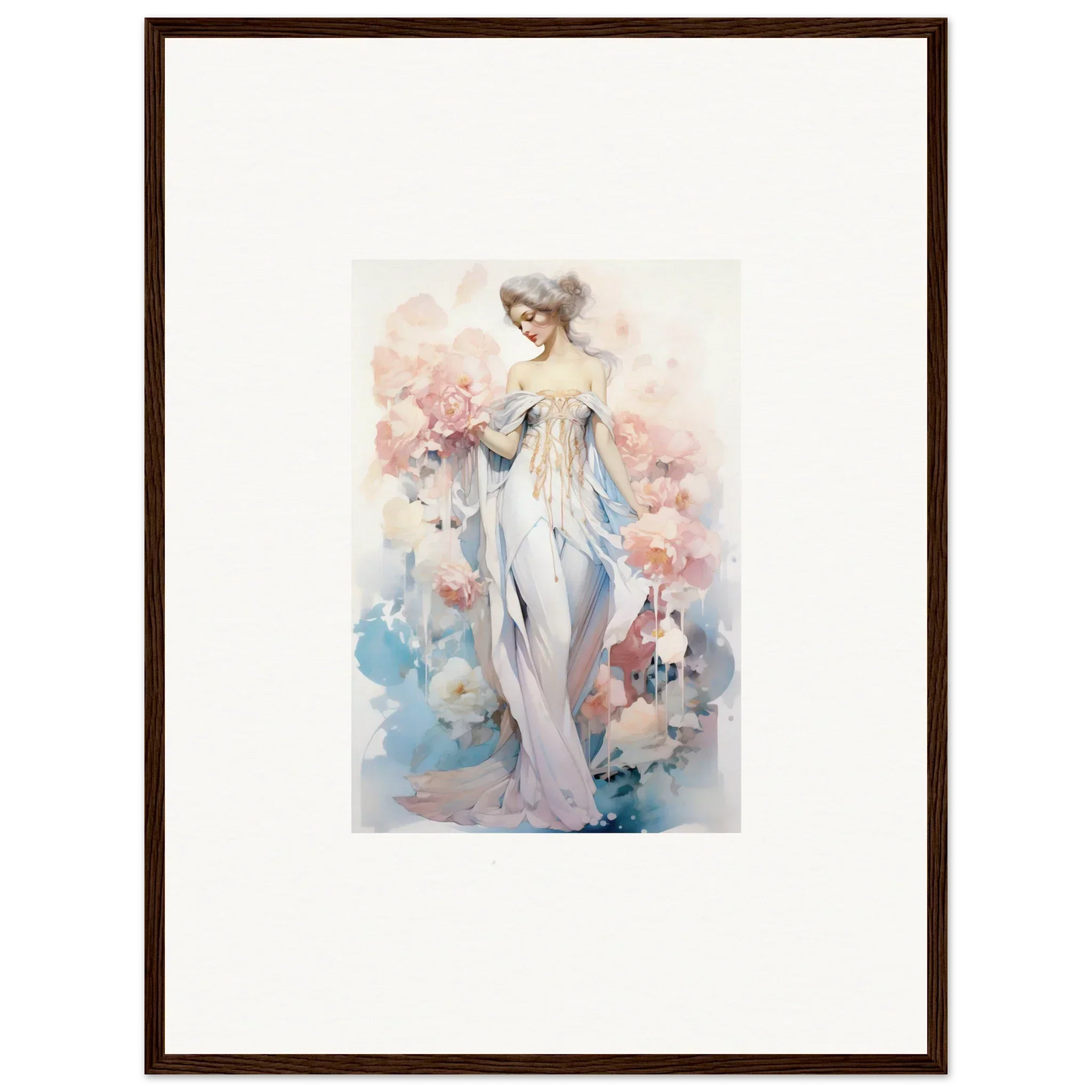 Watercolor painting of an elegant woman in white dress for petal play room decoration canvas print