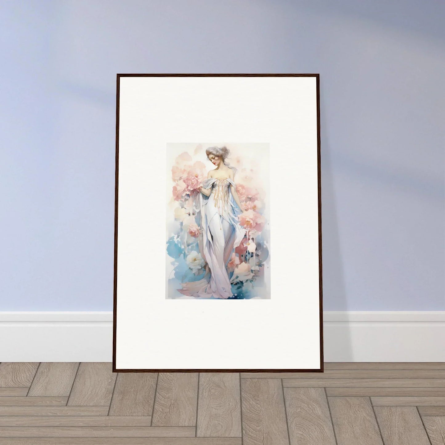 Framed watercolor of an ethereal female figure for whimsical petal play room decoration