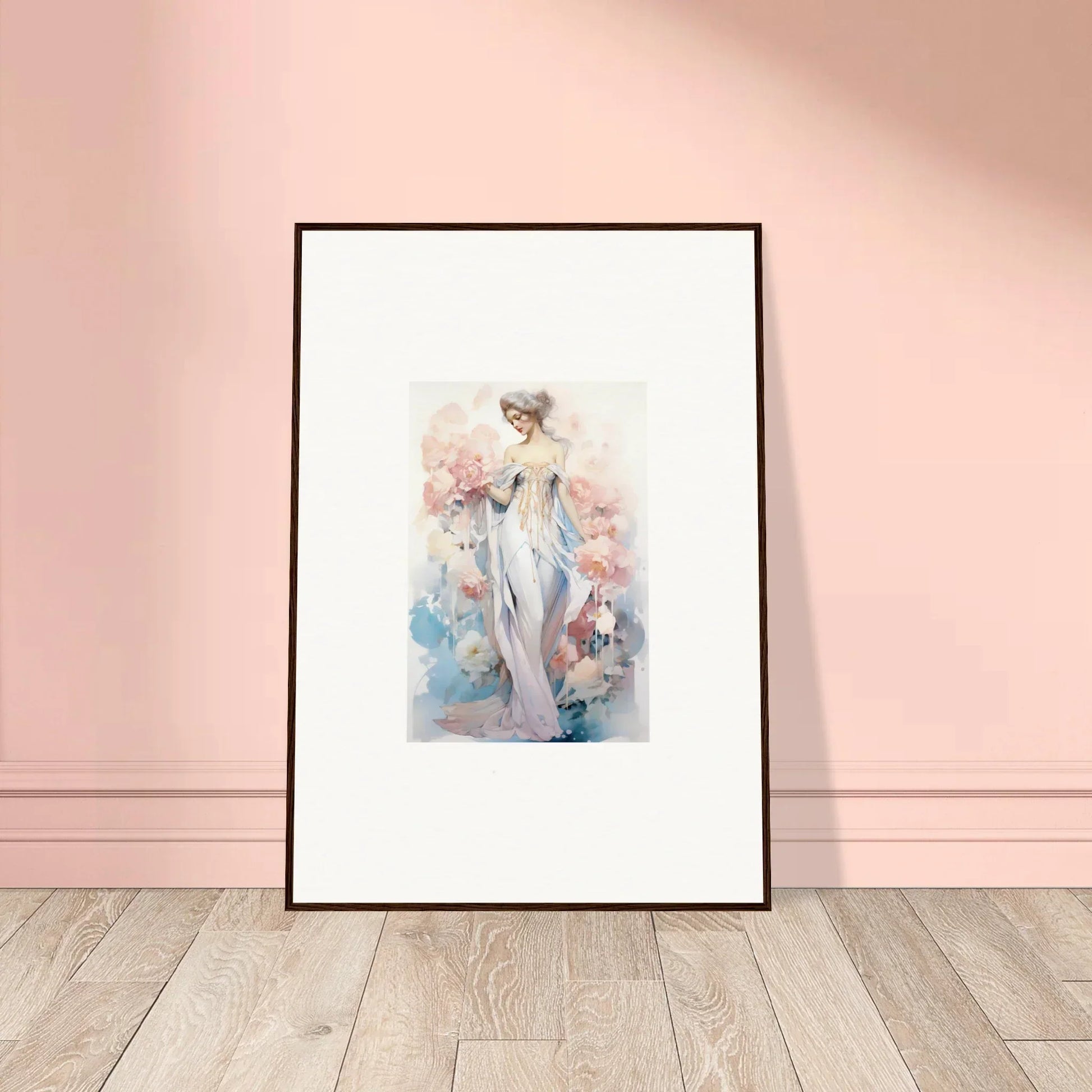 Framed watercolor of a graceful female figure with floral elements, perfect for petal play room decoration