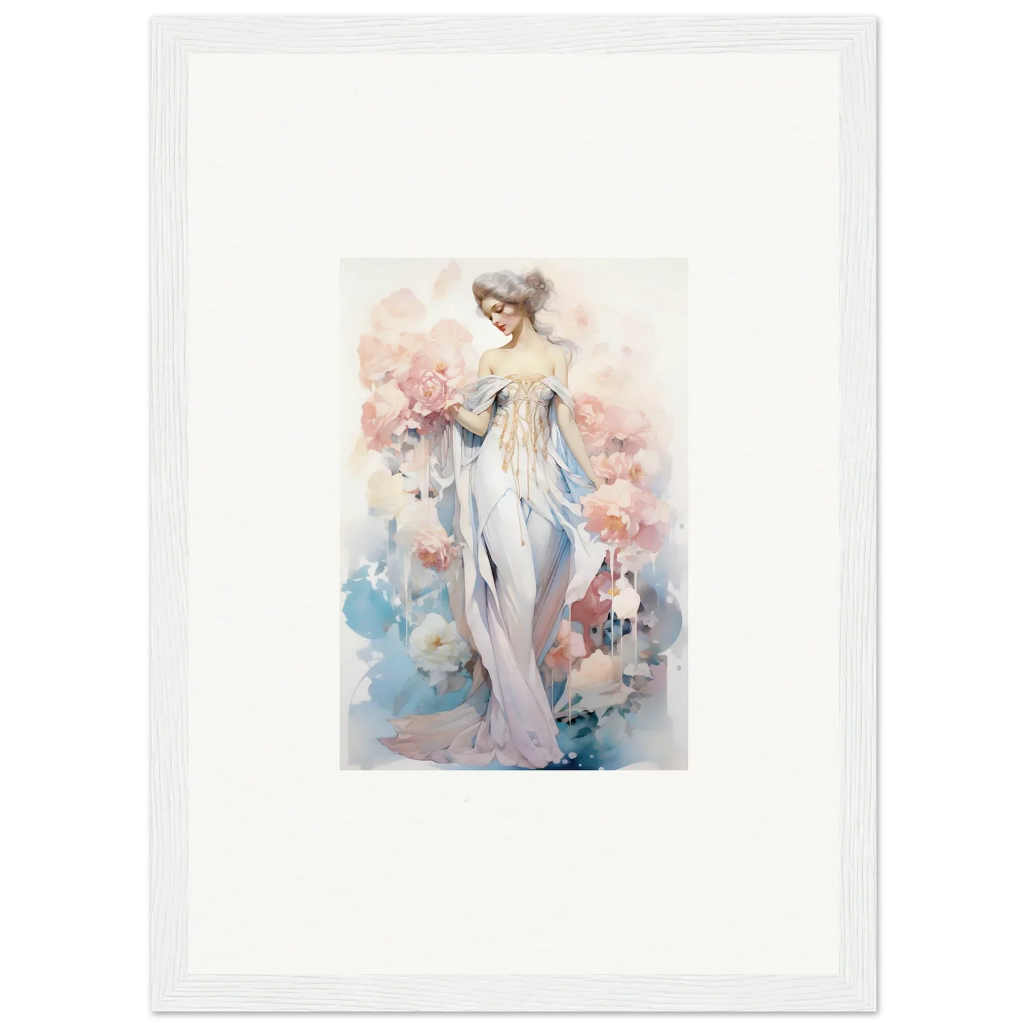 Watercolor of an elegant woman in a white dress for whimsical petal play canvas print