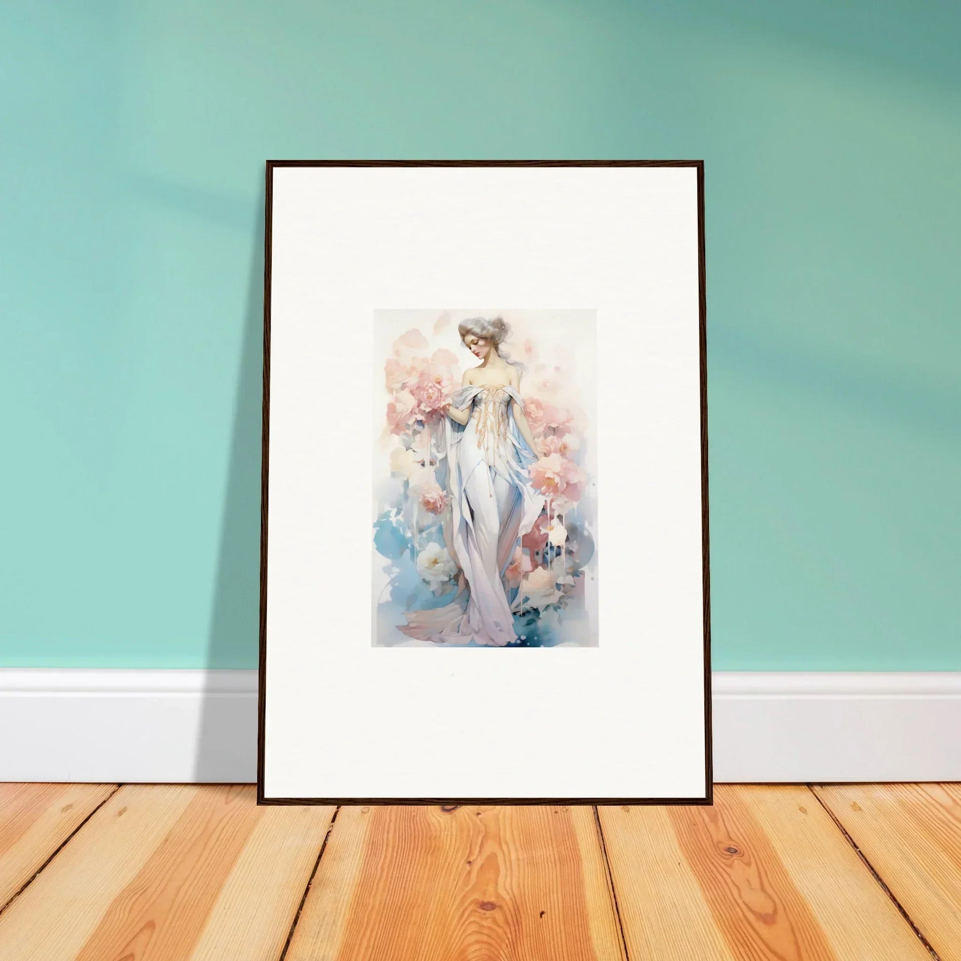 Framed watercolor of a graceful feminine figure for whimsical petal play room decoration