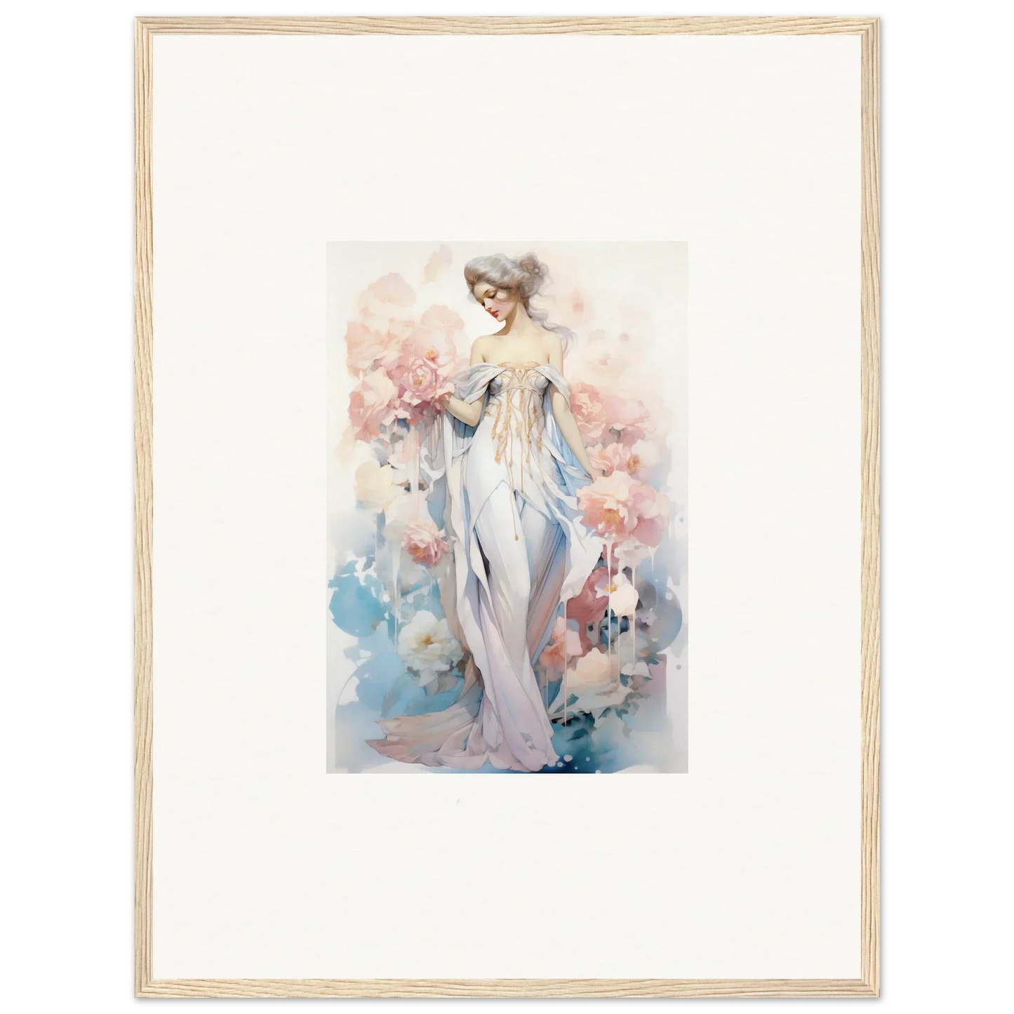 Watercolor canvas print of an elegant woman in a floral petal play scene for room decoration