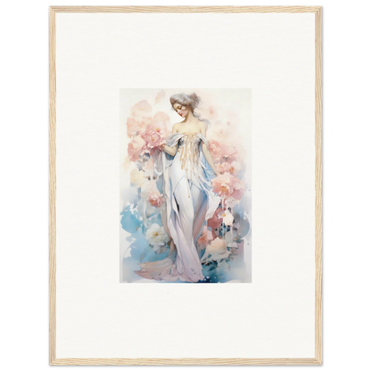 Watercolor canvas print of an elegant woman in a floral petal play scene for room decoration