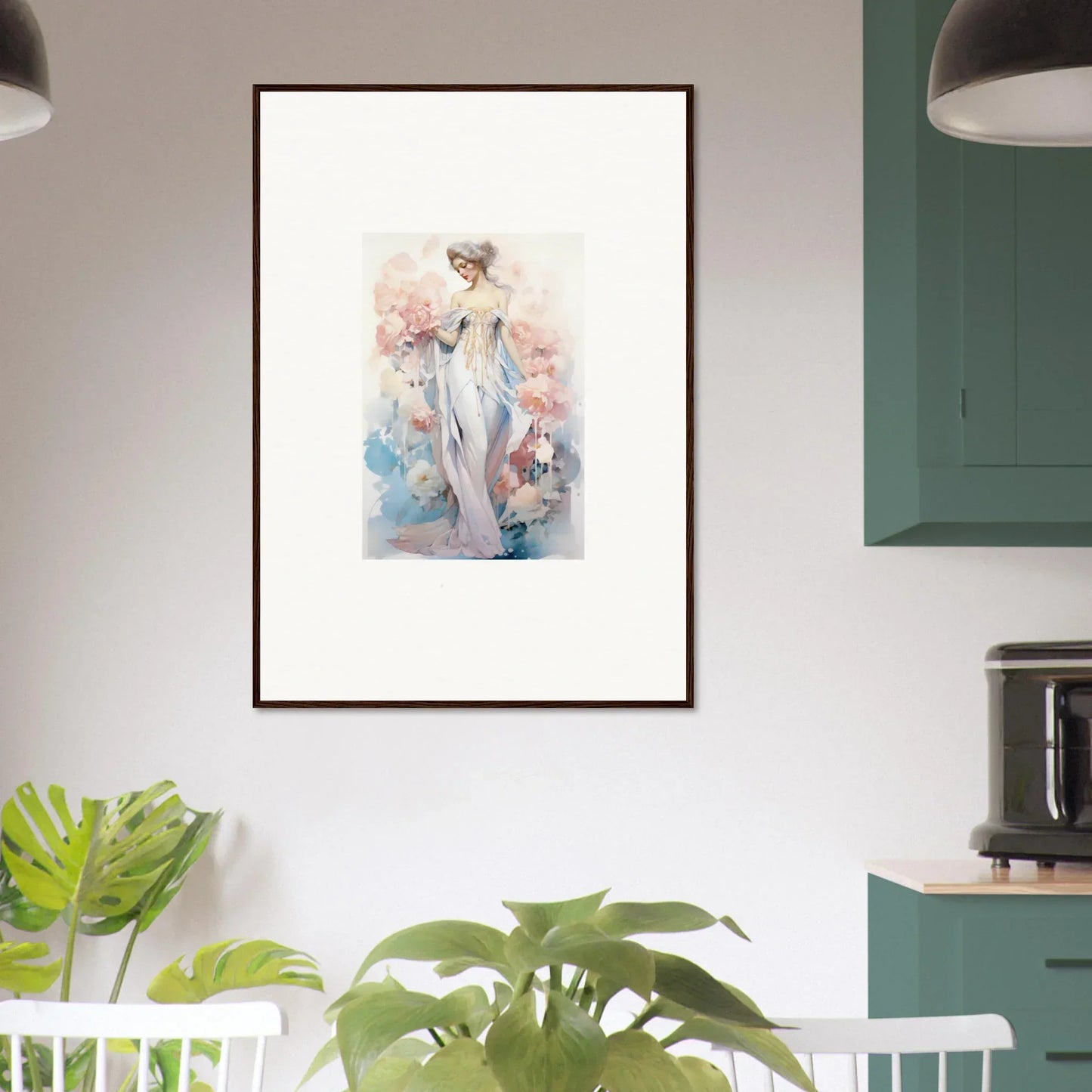 Framed watercolor of a figure in a flowing dress, perfect for petal play room decoration