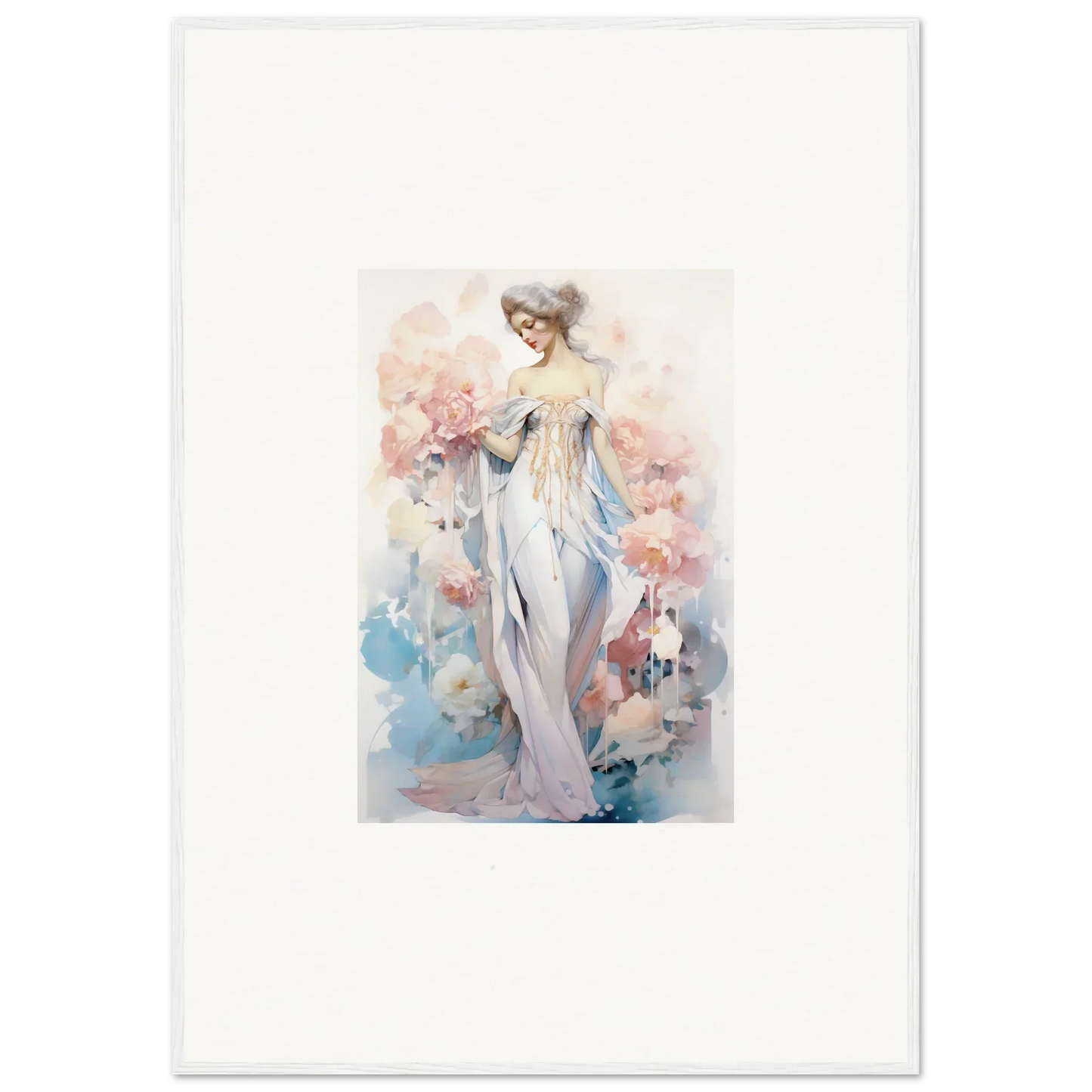 Watercolor canvas print of a woman in a white dress for petal play room decoration