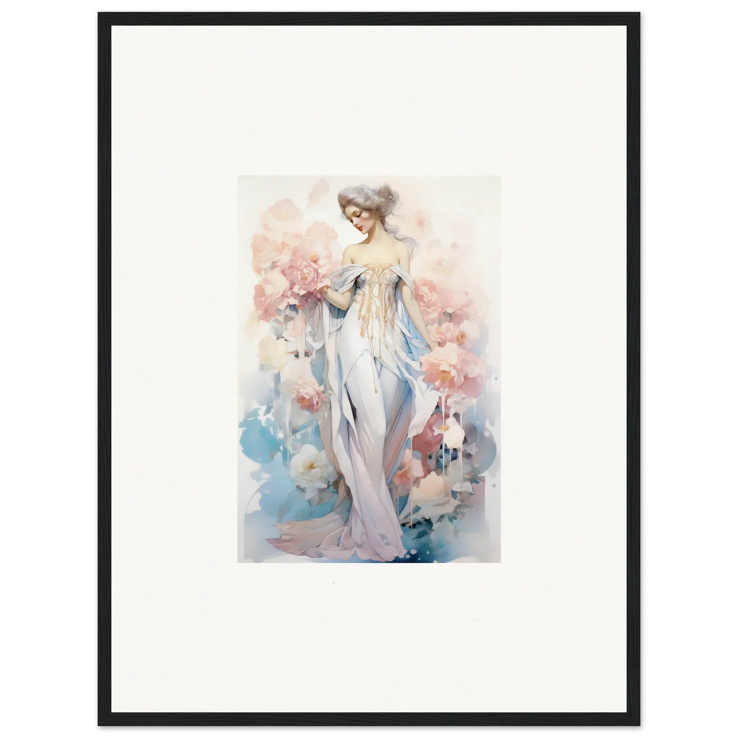 Watercolor canvas print of woman in white dress with floral petal play for room decoration