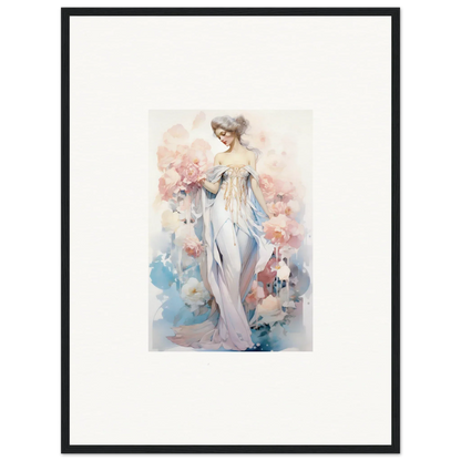 Watercolor canvas print of woman in white dress with floral petal play for room decoration