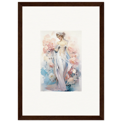 Watercolor canvas print of a woman in a white dress with petal play for room decoration