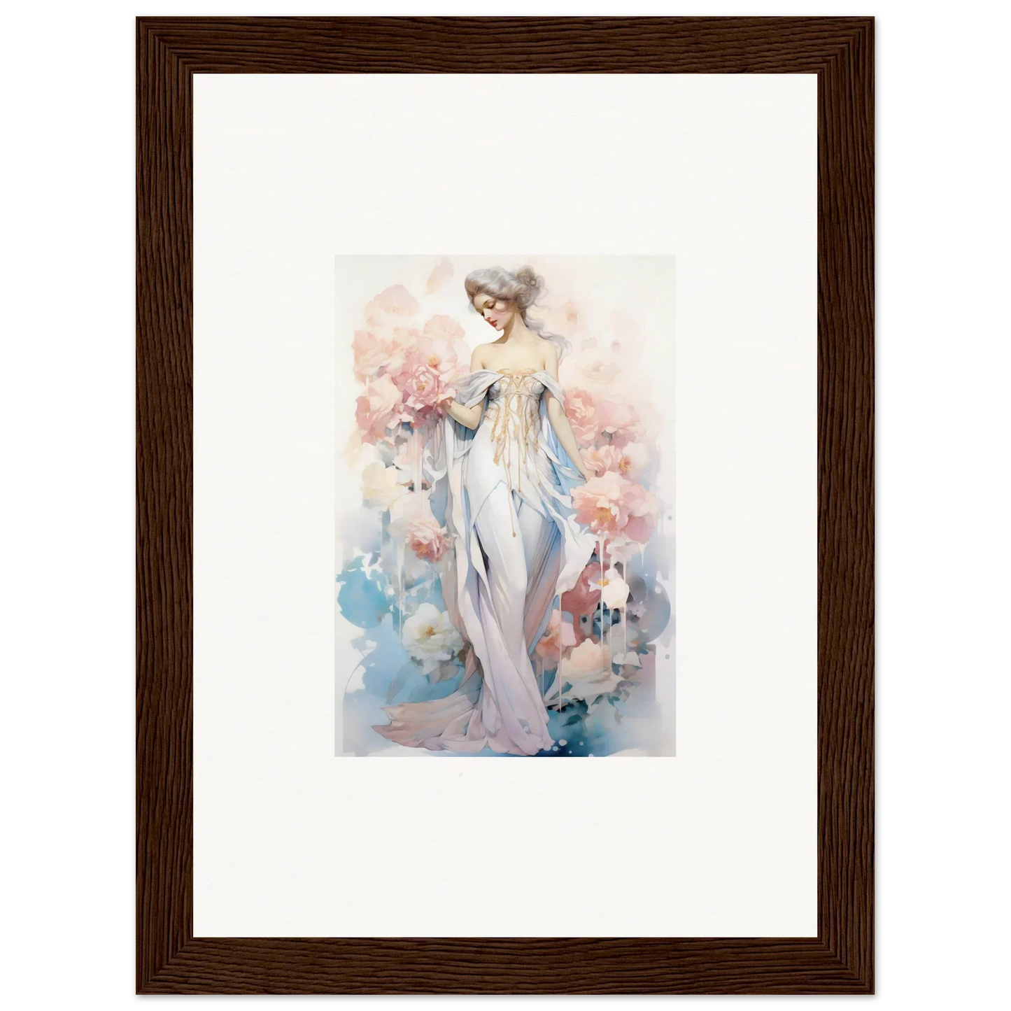 Watercolor canvas print of a woman in a white dress with petal play for room decoration