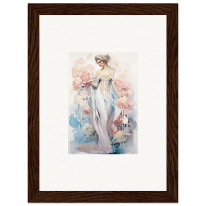 Watercolor canvas print of a woman in a white dress with petal play for room decoration