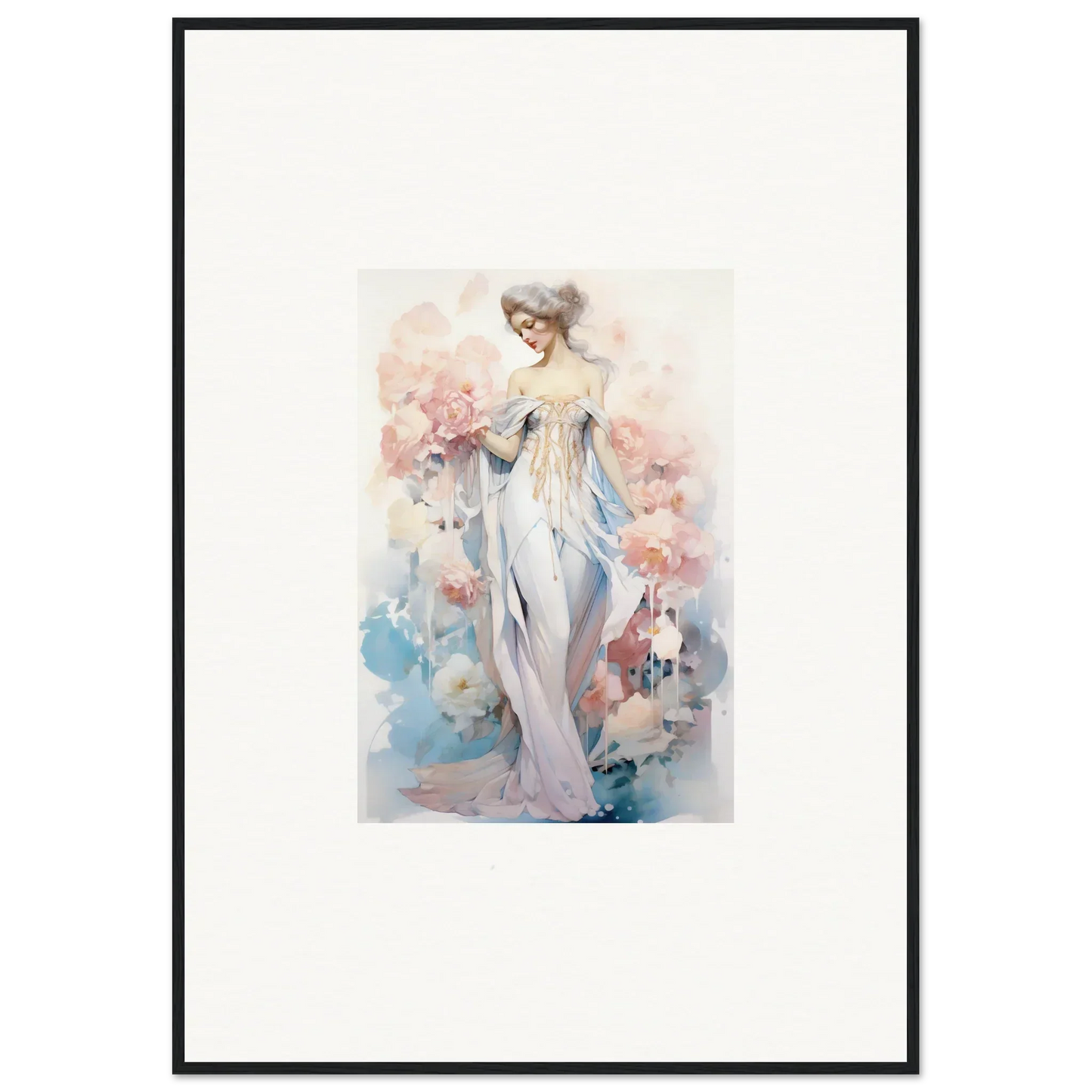 Watercolor canvas print of a graceful woman in a white dress amid petal play