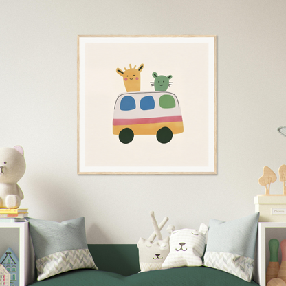 Cute cartoon giraffe and cat in colorful van from Whimsical Prairies Journey