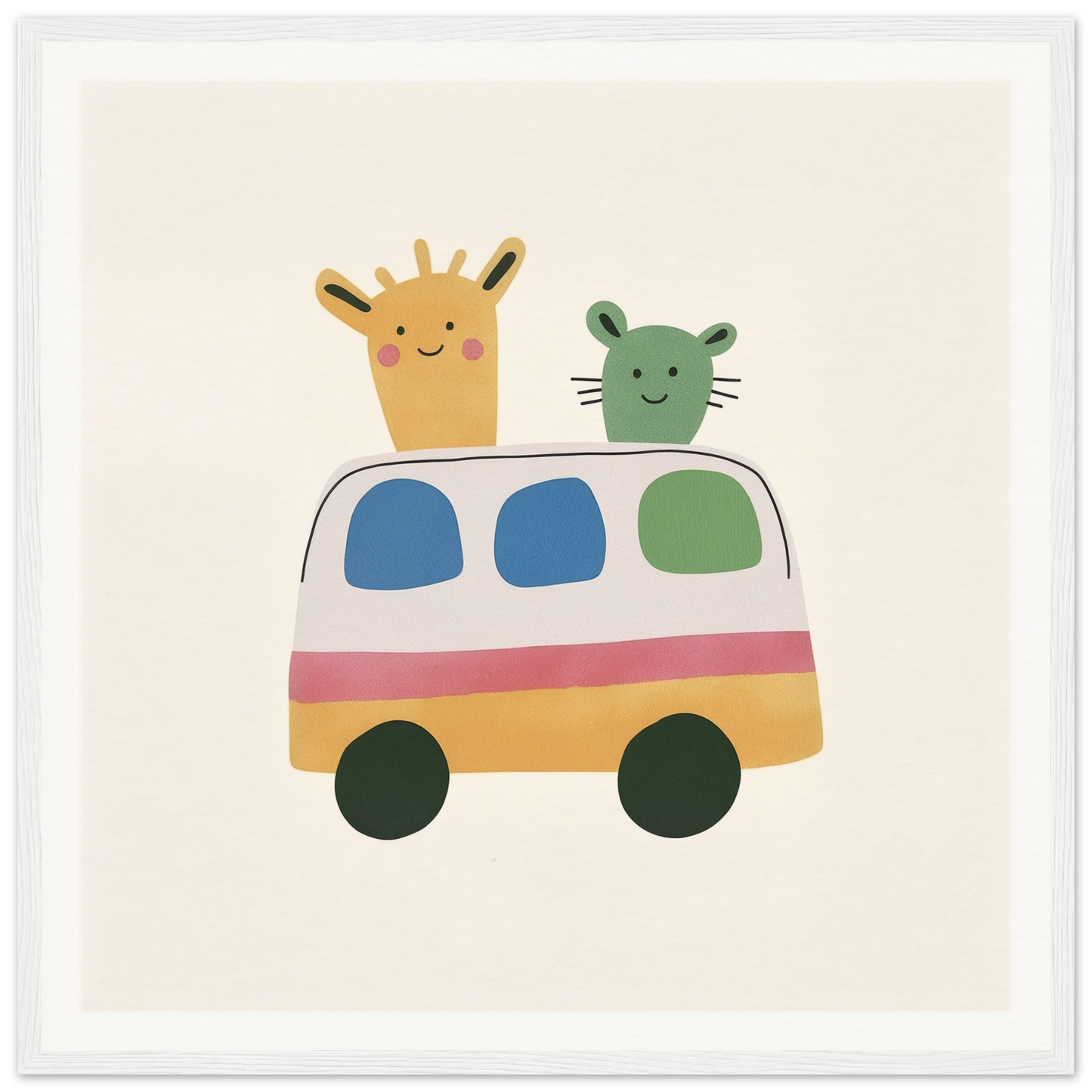 Cute cartoon van with a giraffe and cat in Whimsical Prairies Journey design