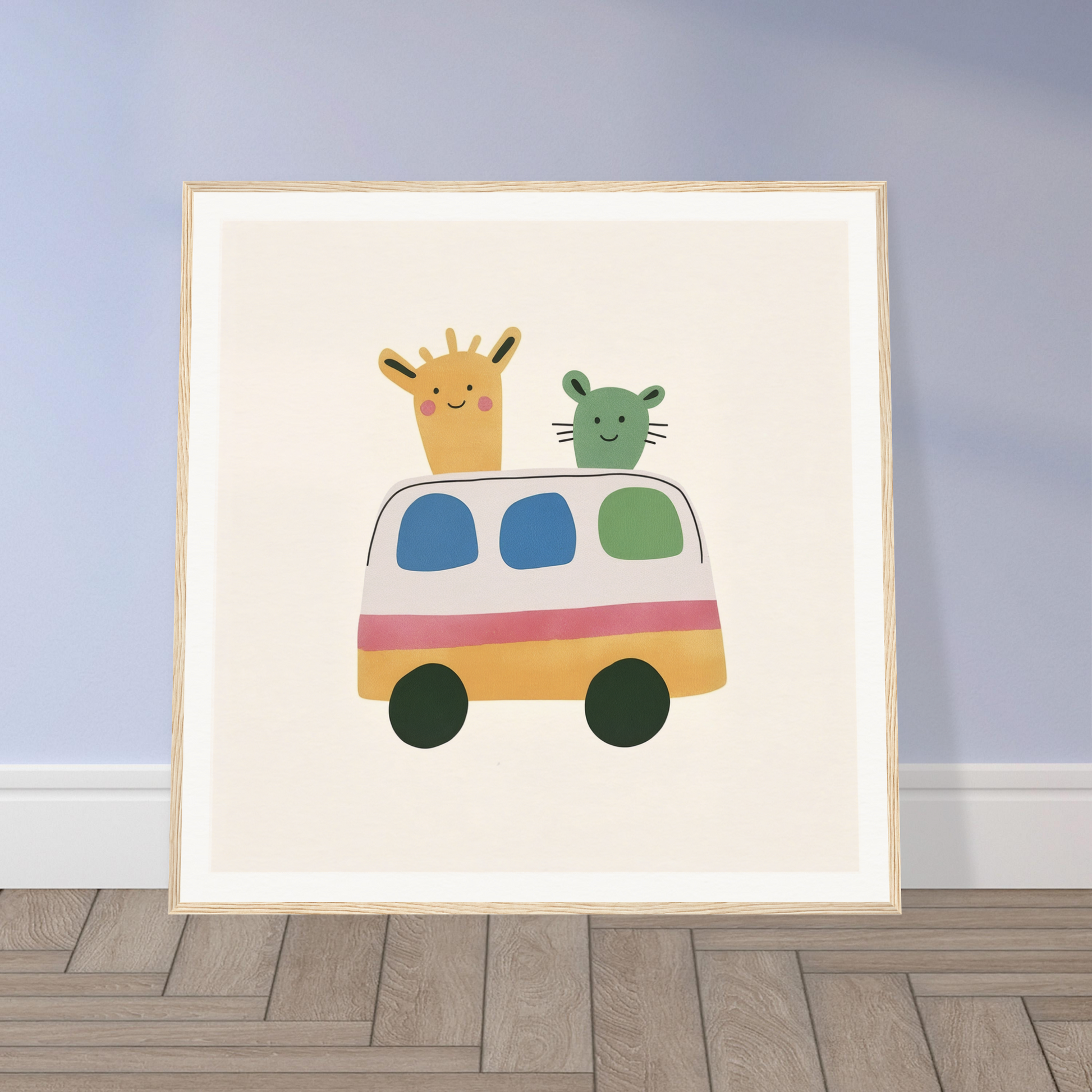 Colorful cartoon van with giraffe and cat in Whimsical Prairies Journey design