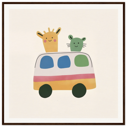 Colorful cartoon van with a giraffe and mouse from Whimsical Prairies Journey