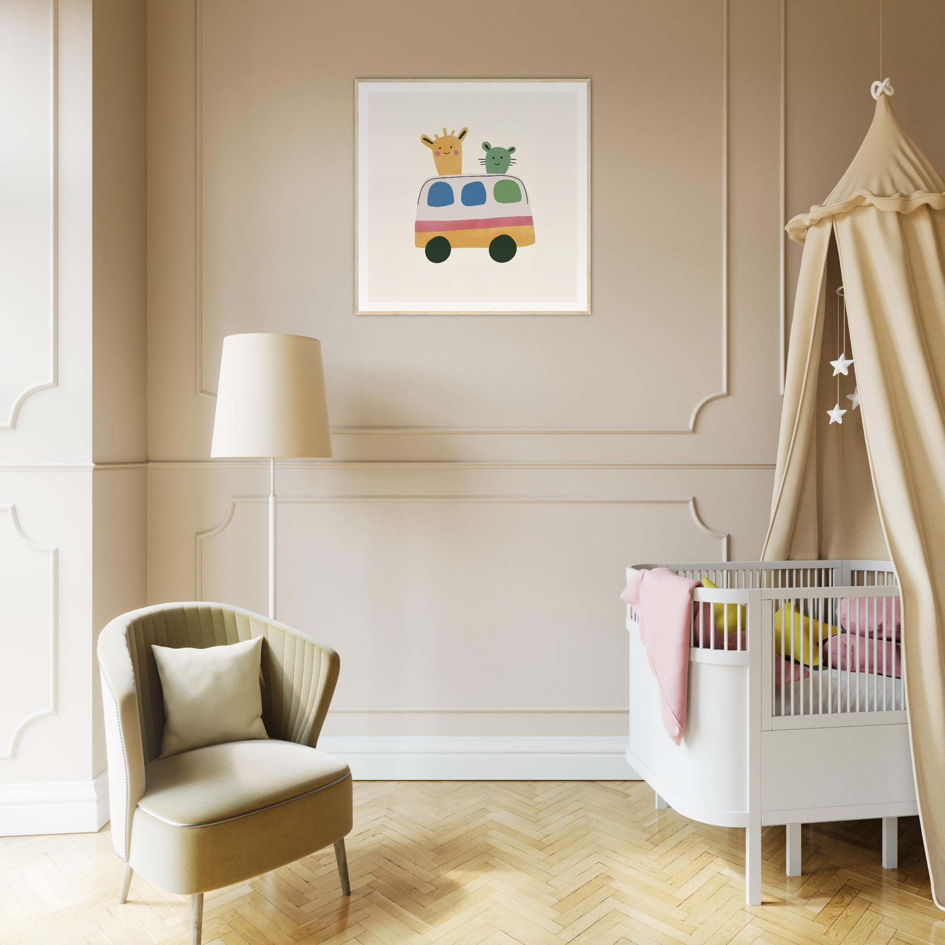 Nursery room with white crib, beige armchair, canopy, and animal wall art in Whimsical Prairies Journey