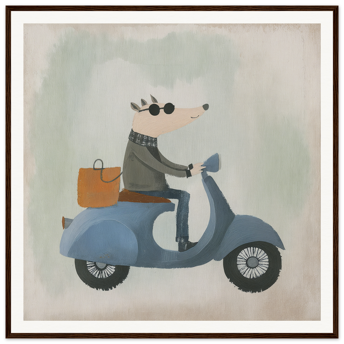 A mouse riding a blue scooter with an orange bag in Whimsical Scooter Reveries