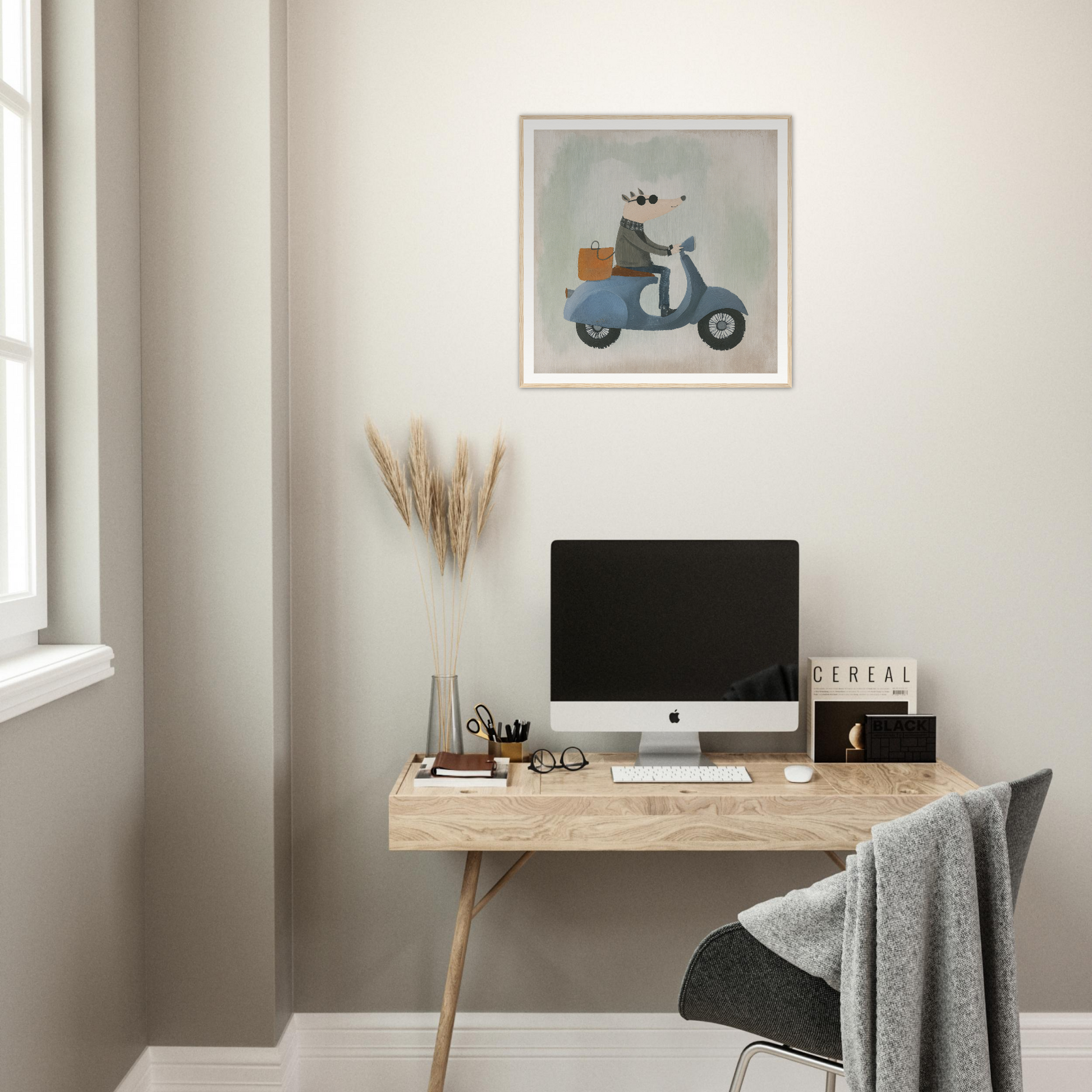 Minimalist wooden desk featuring an iMac, enhancing Whimsical Scooter Reveries decor