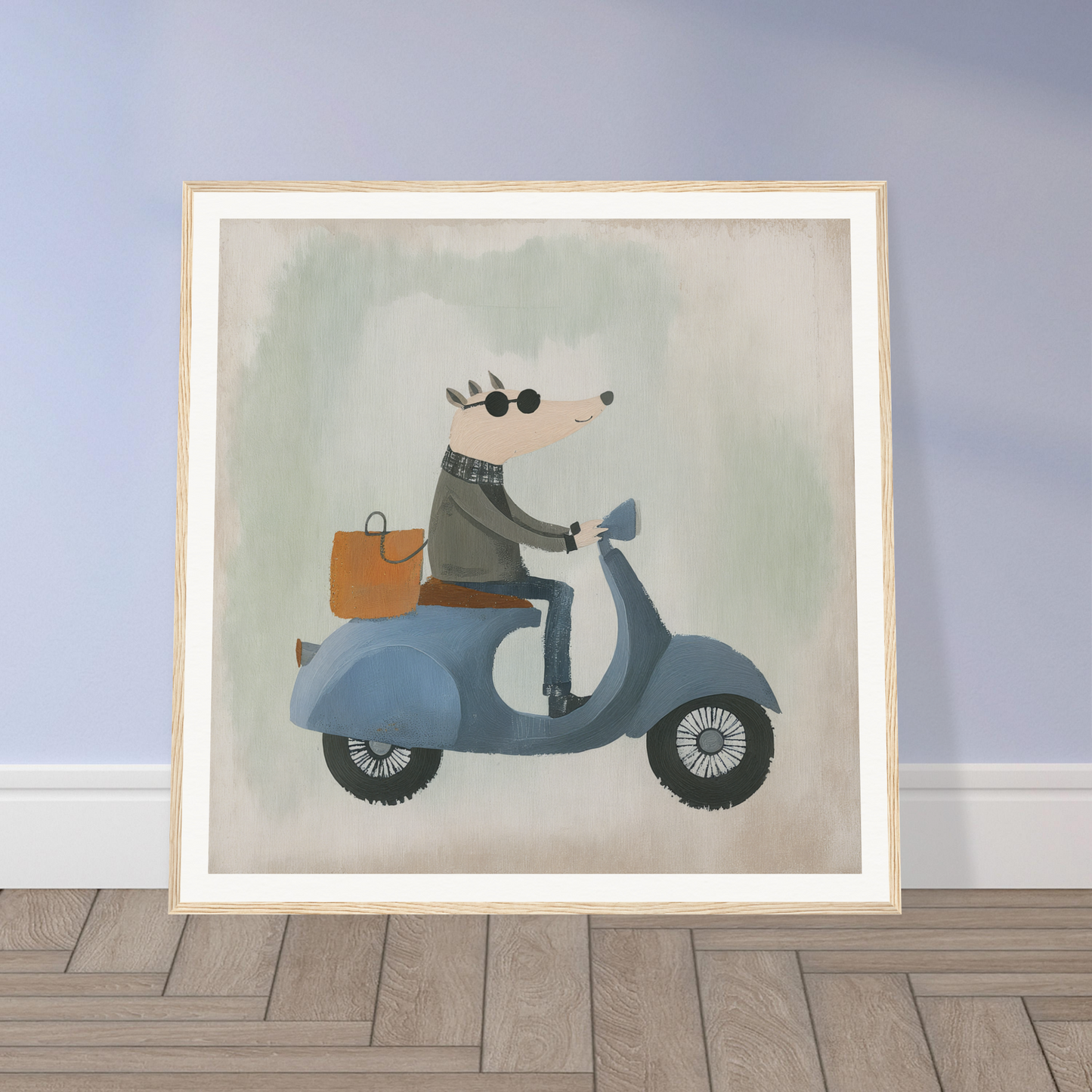 Framed illustration of a dog on a blue scooter from Whimsical Scooter Reveries