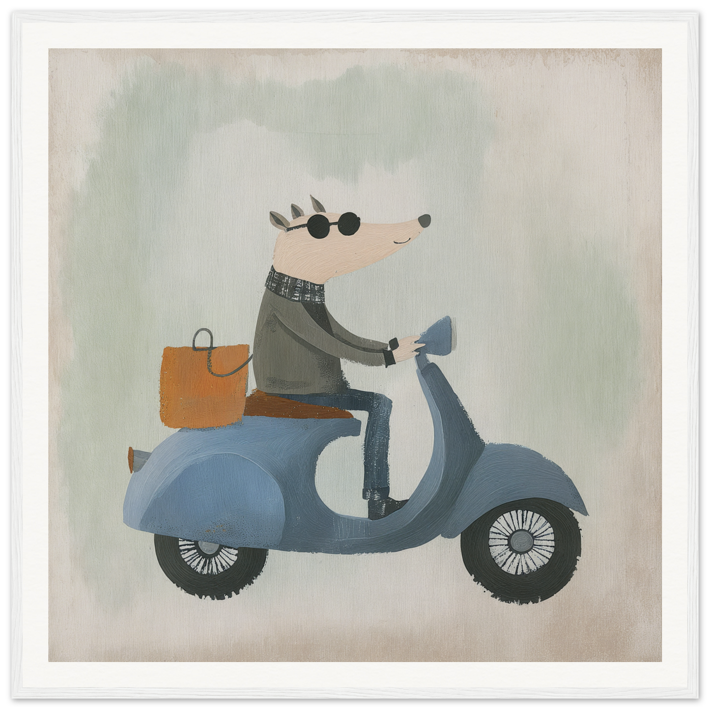 Cartoon mouse on a blue scooter with an orange bag in Whimsical Scooter Reveries