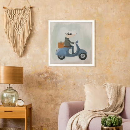 Framed art print of a cat on a blue scooter from Whimsical Scooter Reveries