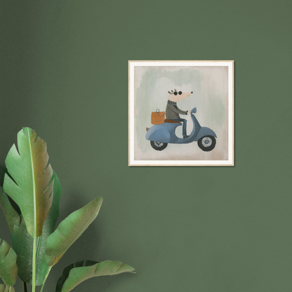 Framed illustration of a mouse on a blue scooter from Whimsical Scooter Reveries