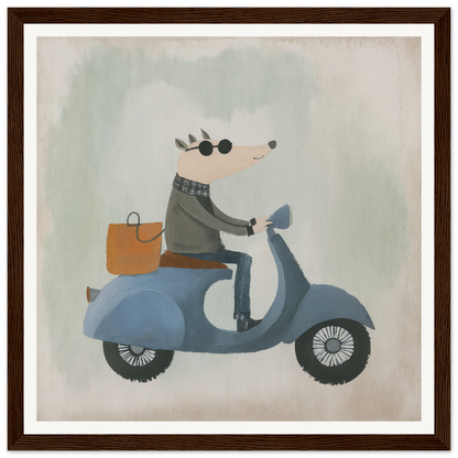 Mouse in gray sweater rides blue scooter, showcasing Whimsical Scooter Reveries theme