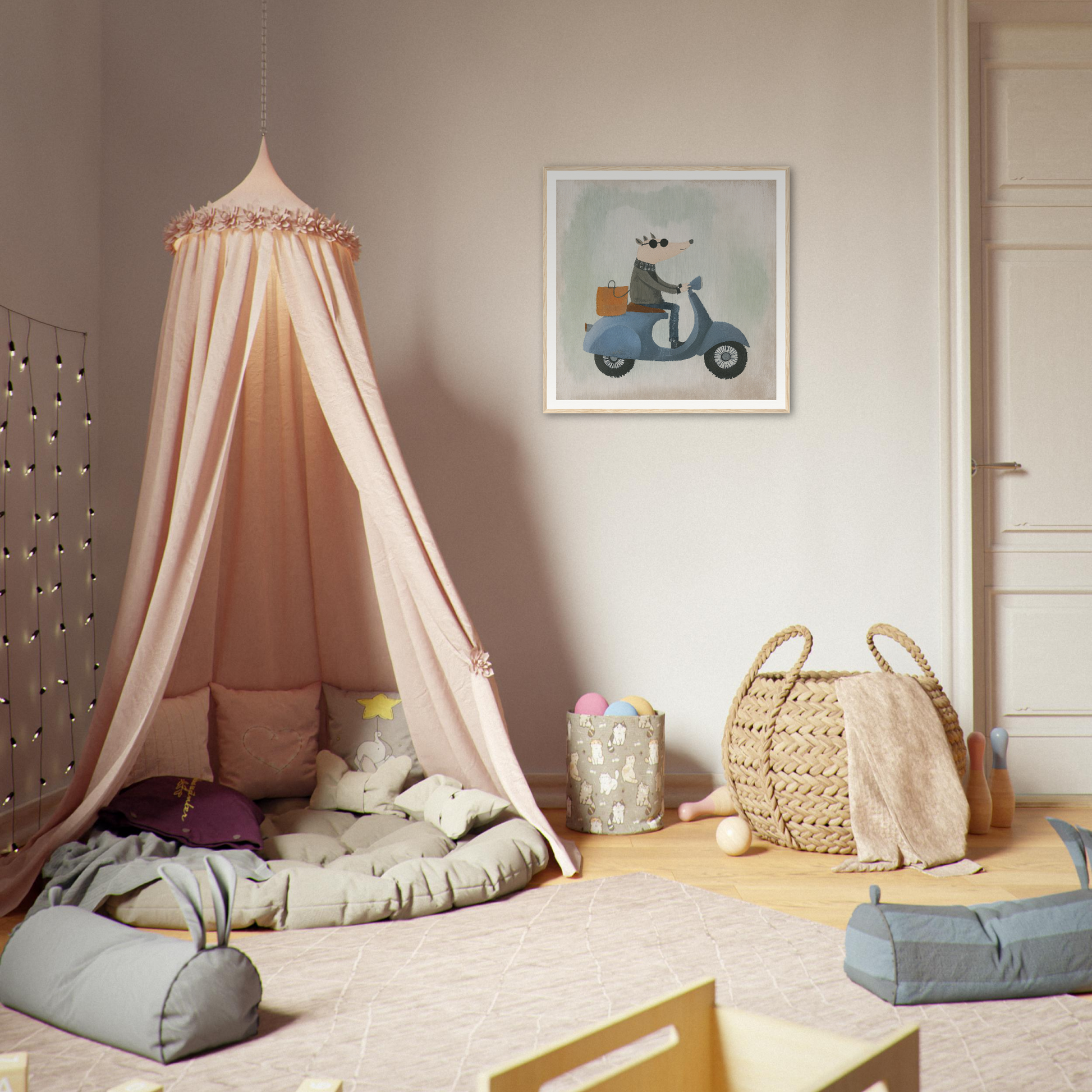 Pink canopy tent with draped fabric and cushions for Whimsical Scooter Reveries