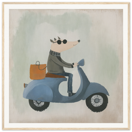 A mouse in gray attire rides a blue scooter with an orange bag in Whimsical Scooter Reveries