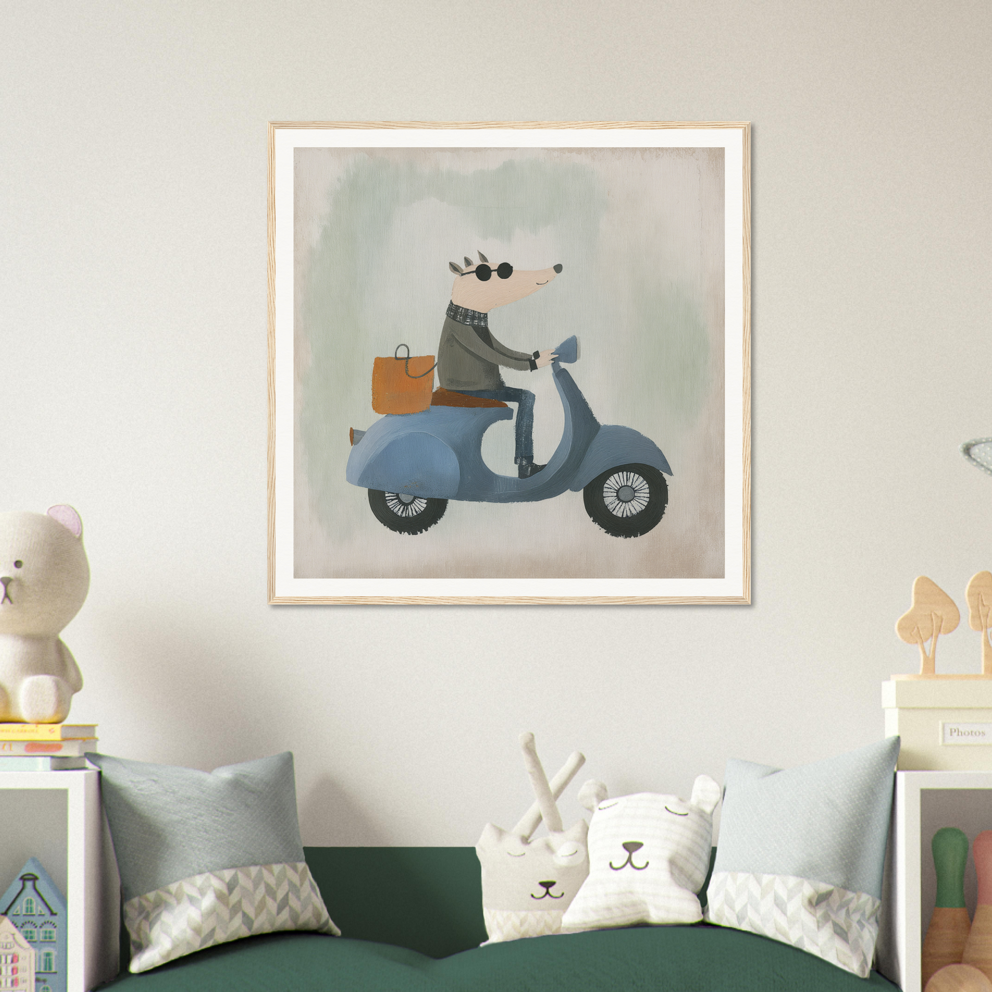 Cartoon illustration of a dog on a whimsical scooter carrying a brown briefcase