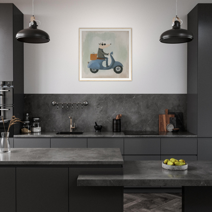 Modern dark gray kitchen featuring whimsical scooter reveries artwork and black pendant lights