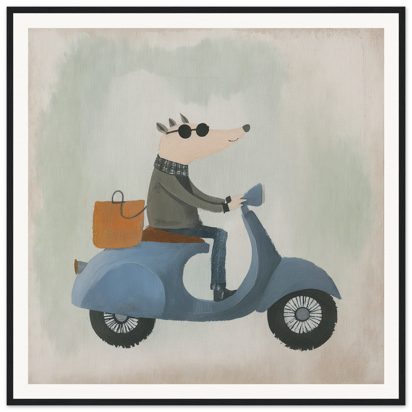 Mouse in a gray jacket rides a blue scooter, showcasing Whimsical Scooter Reveries