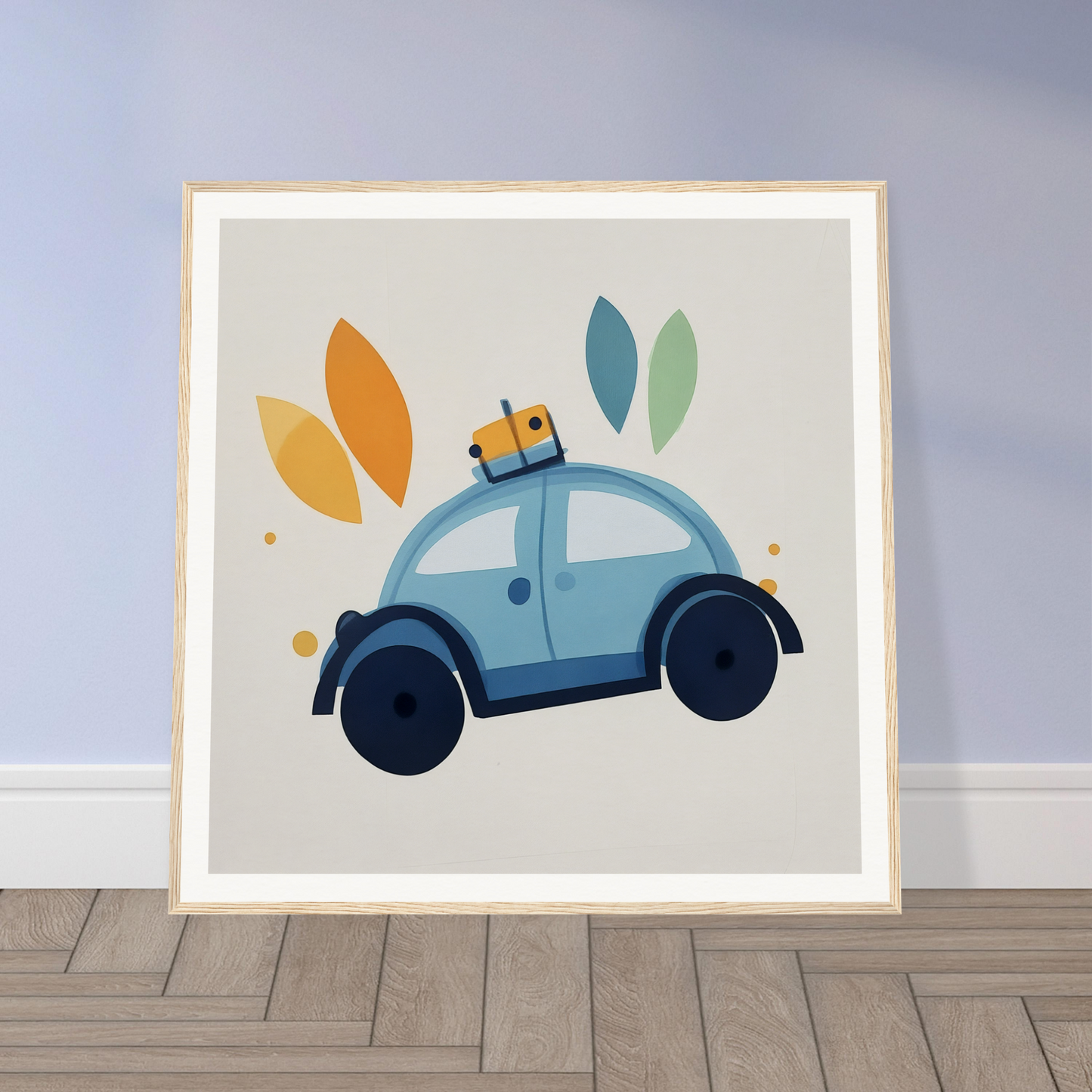 Light blue cartoon car with luggage and leaves for Whimsical Transit Dreams