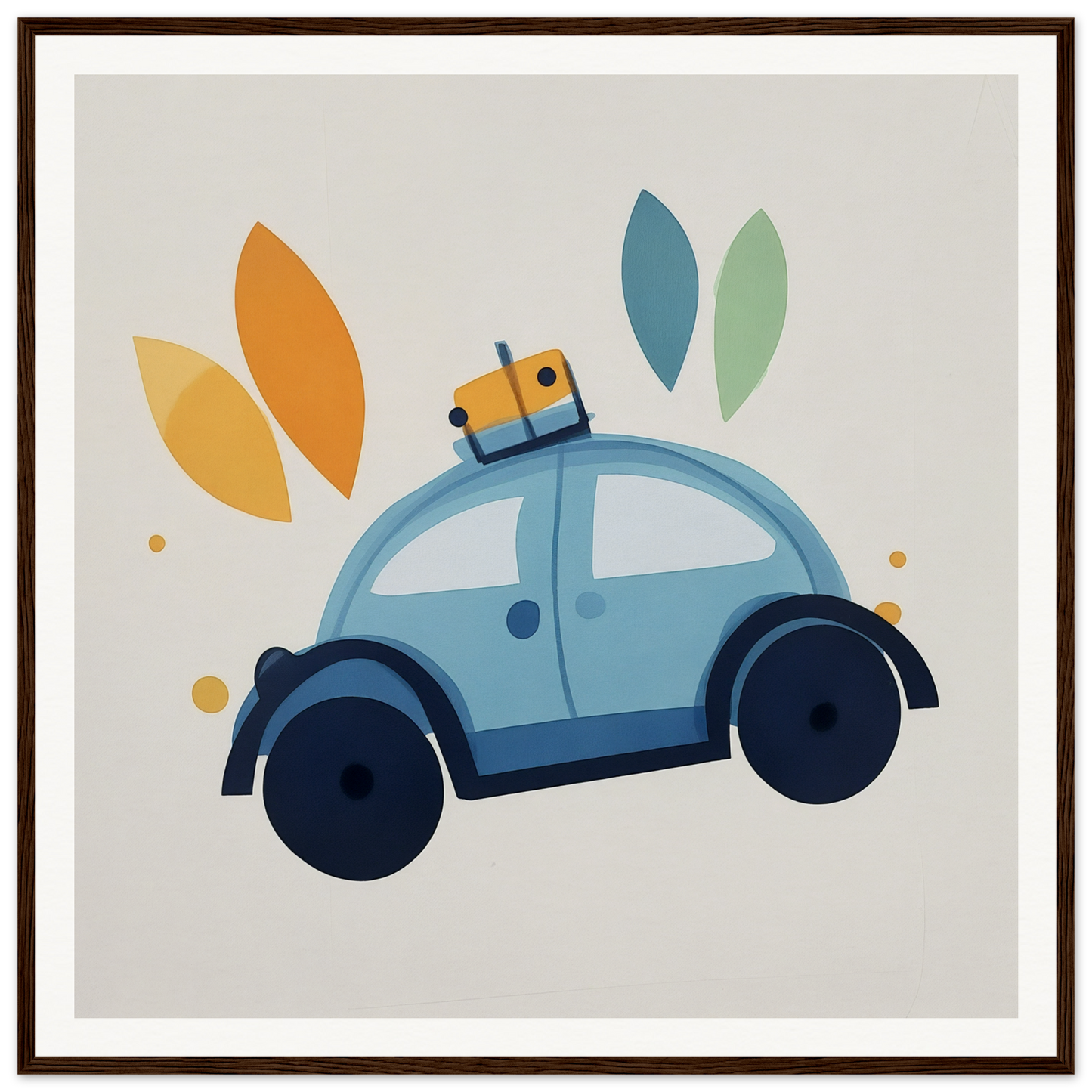 Light blue vintage car with luggage on roof in Whimsical Transit Dreams theme