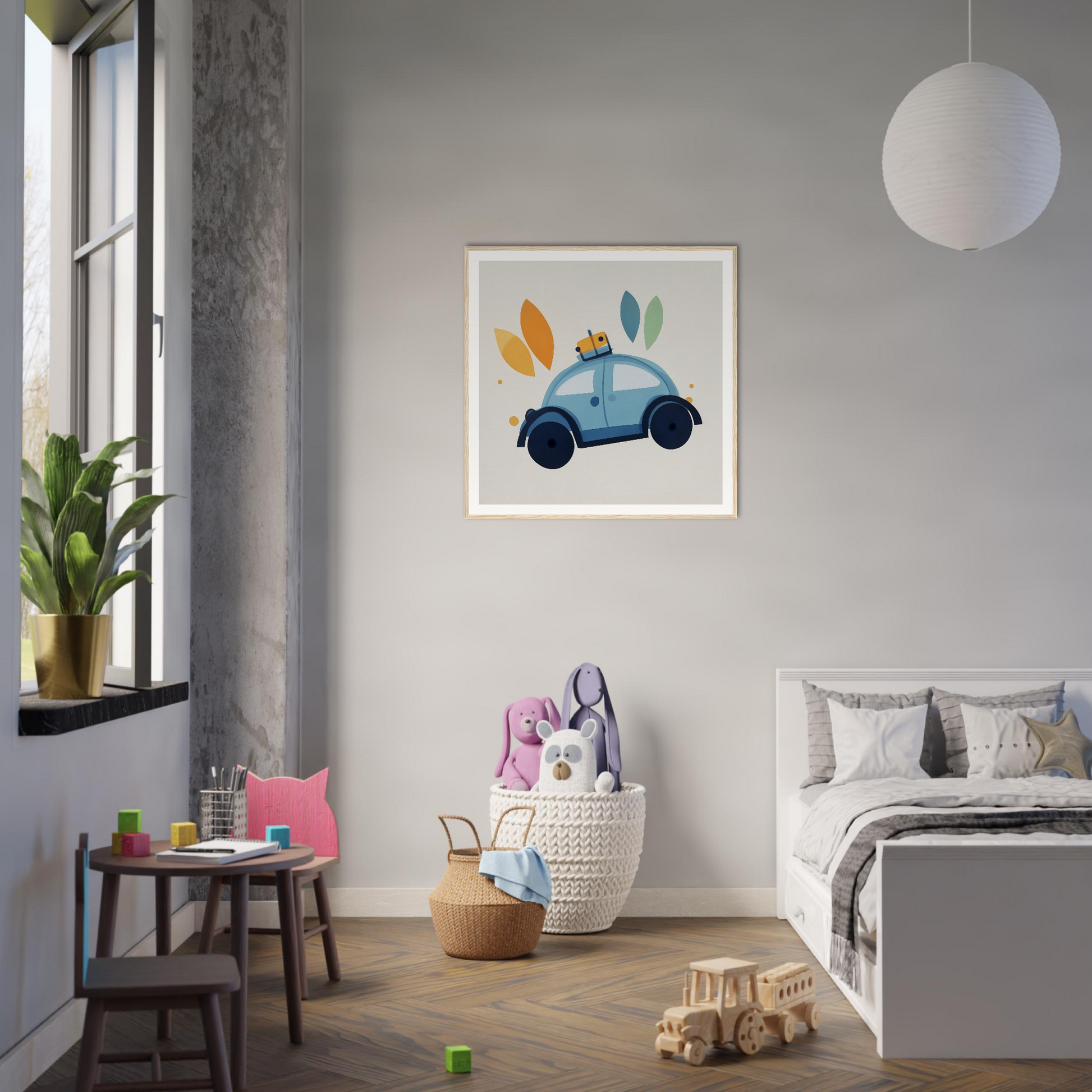 Framed artwork featuring a blue car adorned with colorful leaves for Whimsical Transit Dreams