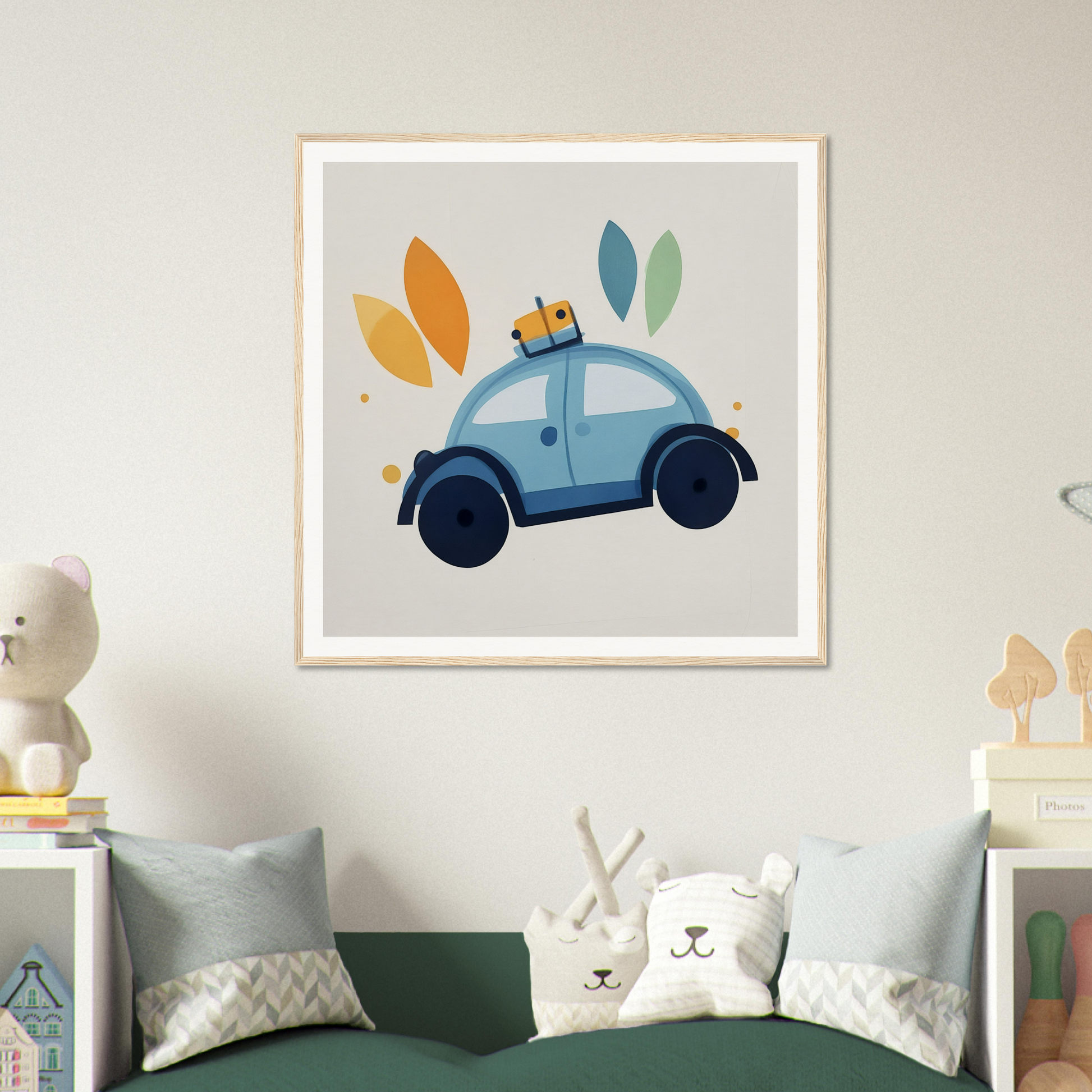 Light blue cartoon Volkswagen Beetle with autumn leaves for Whimsical Transit Dreams