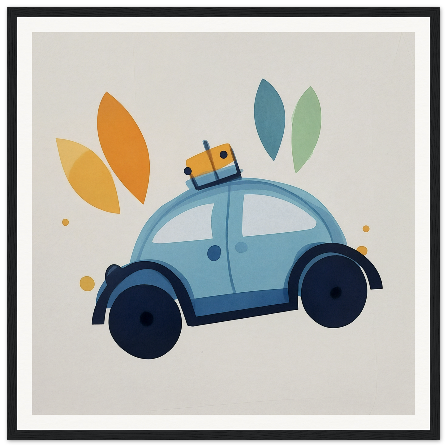 Light blue cartoon Volkswagen Beetle with luggage, embodying Whimsical Transit Dreams