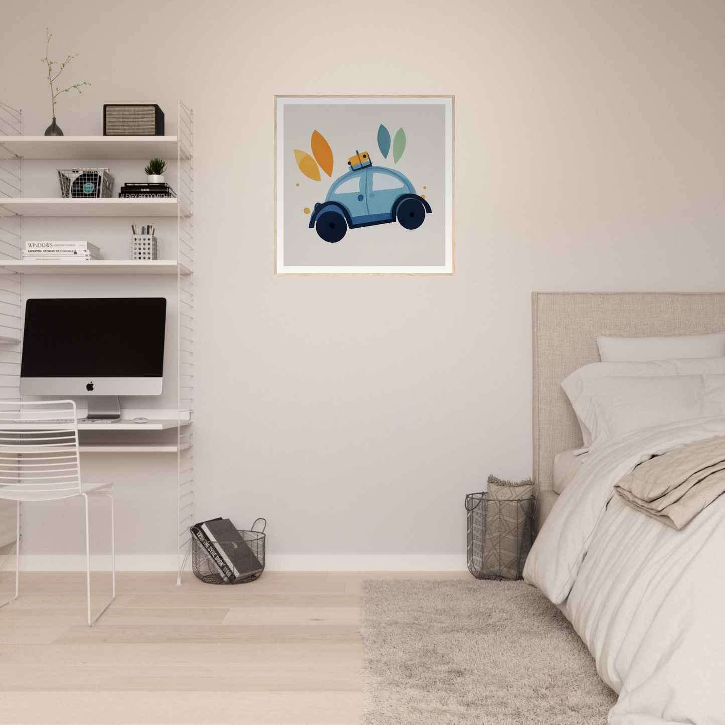 Framed artwork depicting a blue vintage car adorned with colorful leaves in Whimsical Transit Dreams