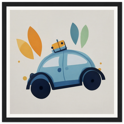 Light blue cartoon car with luggage, embodying Whimsical Transit Dreams theme