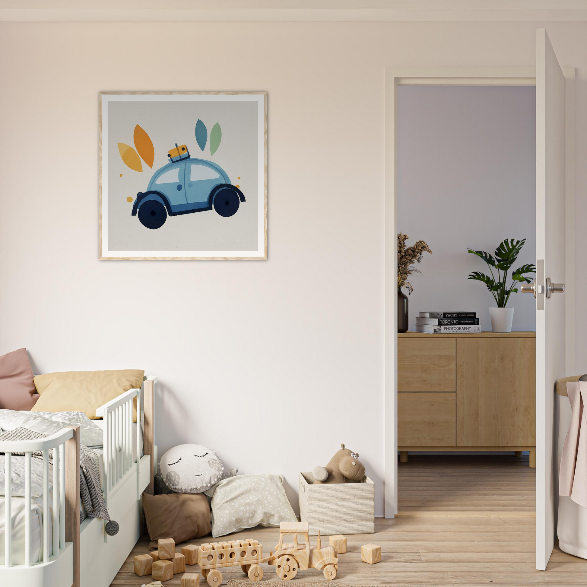 Framed artwork of a light blue car adorned with colorful leaves for Whimsical Transit Dreams