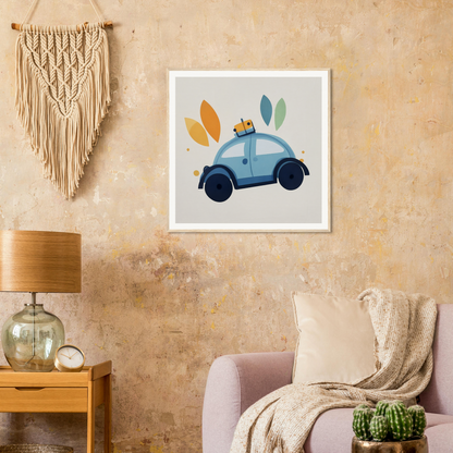 Framed art print of a light blue vintage car in Whimsical Transit Dreams design