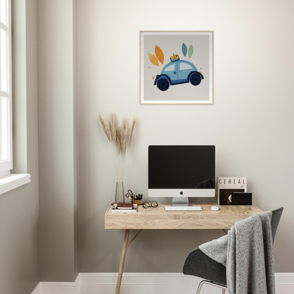 Simple wooden desk with angled legs supporting an iMac in Whimsical Transit Dreams