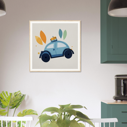 Framed artwork of a light blue Volkswagen Beetle in Whimsical Transit Dreams design