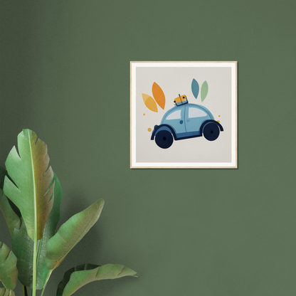 Framed artwork of a light blue Volkswagen Beetle with leaves for Whimsical Transit Dreams