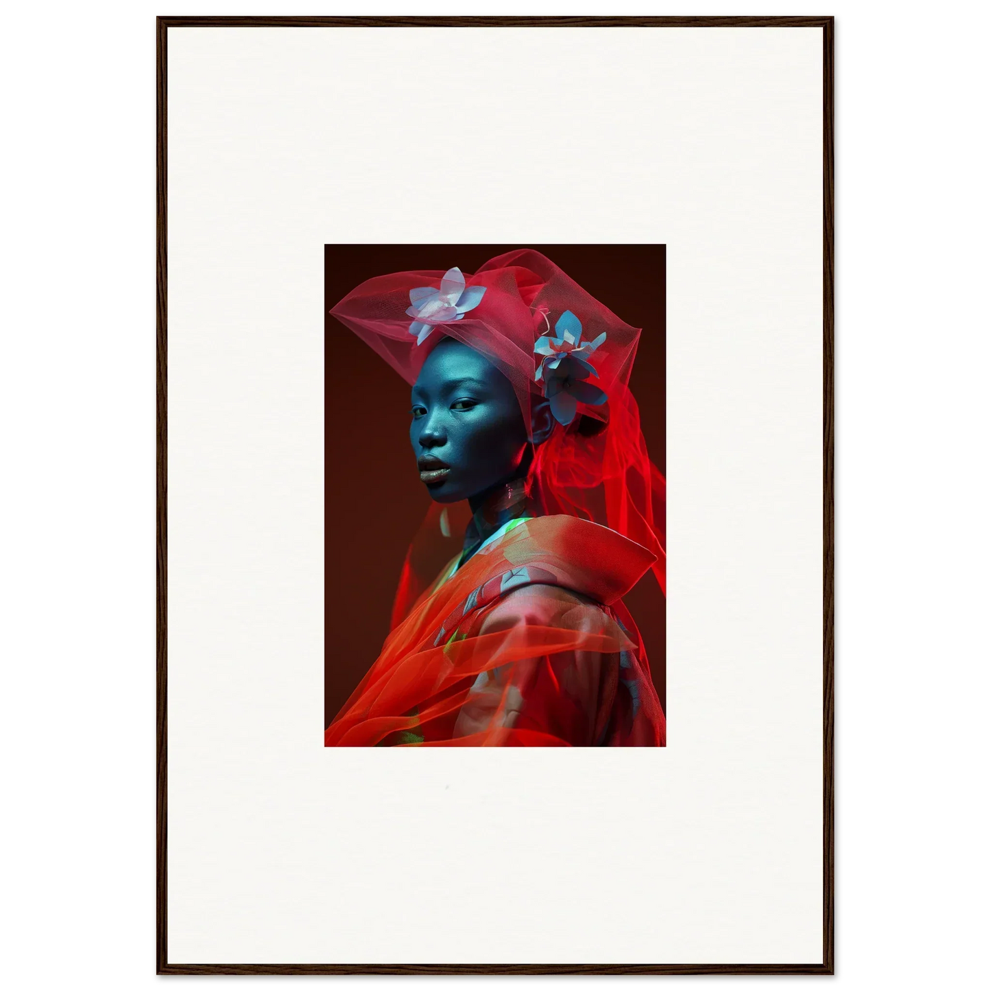 Striking canvas print of a person with blue skin and red fabric for velvet botanicals room decoration