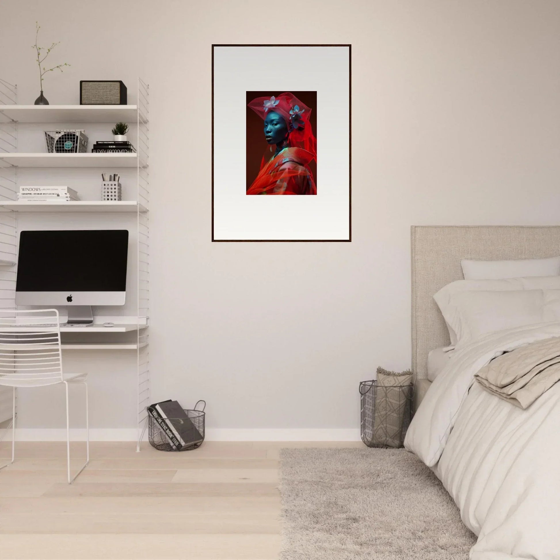 Framed colorful portrait with blue skin, perfect for velvet botanicals room decoration