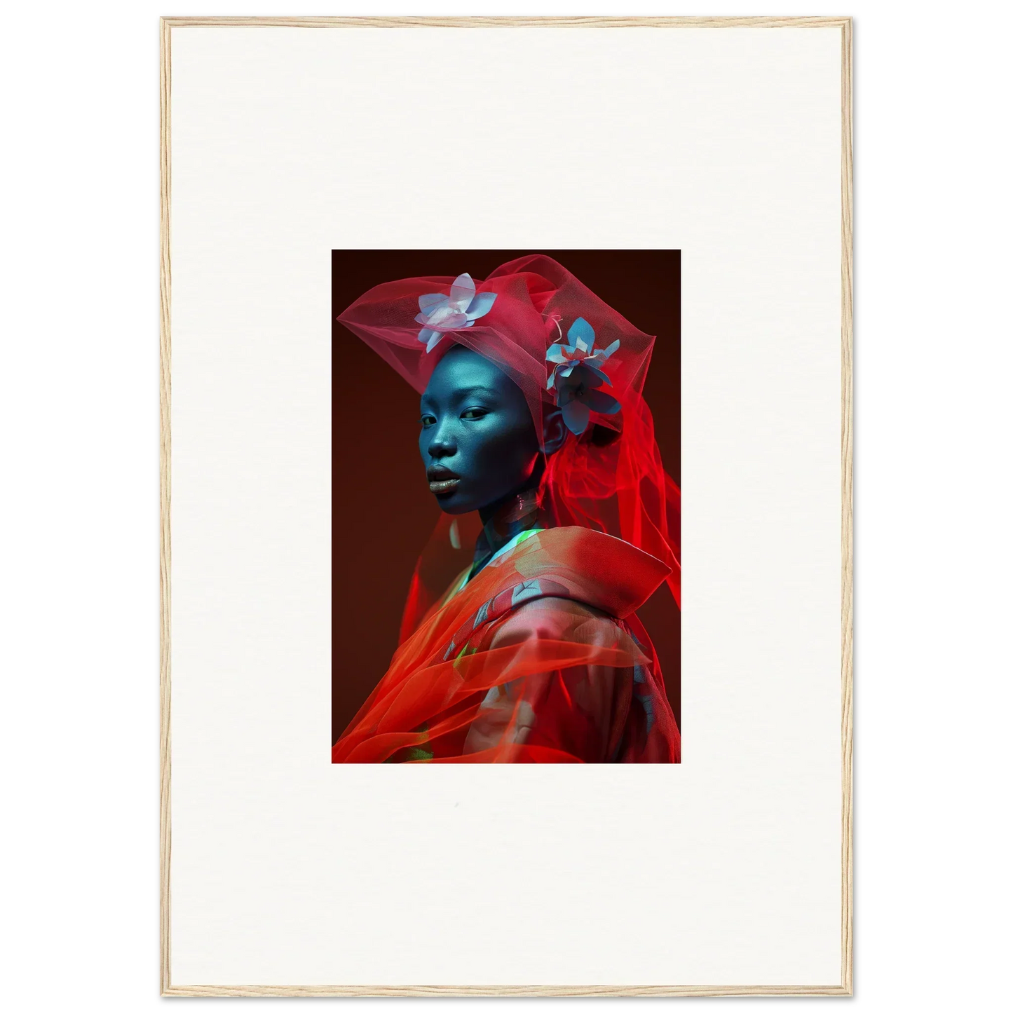 Portrait of a person with blue-tinted skin wrapped in red fabric, perfect for velvet botanicals room decoration