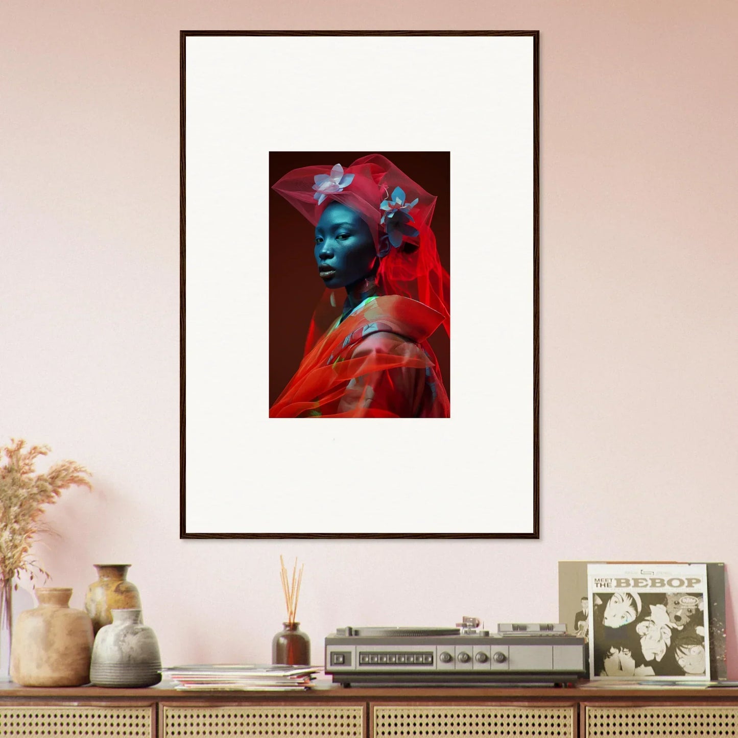 Framed canvas print of a figure with blue skin for vibrant room decoration