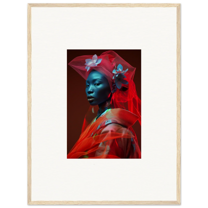 Portrait of a person with blue skin in a red outfit, perfect for velvet botanicals decor